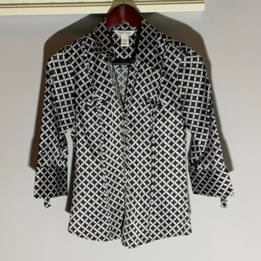 WHBM 100% Silk Contemporary Black + White Geo Print Button Down Blouse